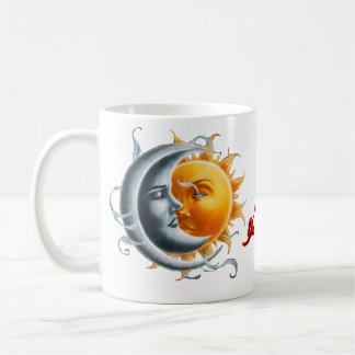Der Mond und die Sonne tanzen gemeinsam auf einem Kaffeetasse