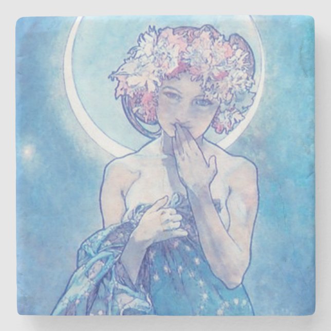 "Der Mond" von Mucha, Blue Stone Untersetzer (Vorderseite)