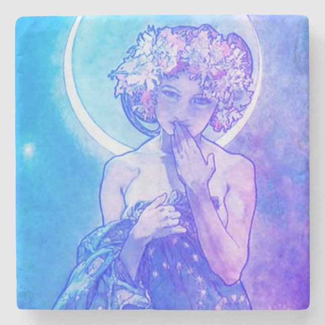 "Der Mond" von Mucha, Violett Stone Untersetzer (Vorderseite)