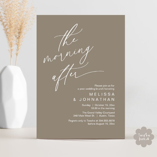 Der Morgen danach, Happy End Brunch Einladung (The Morning After Modern Romantic Post Wedding Elopement Brunch Invitation Card PDF in Taupe Brown)