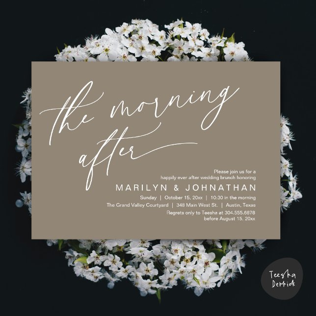 Der Morgen danach, Happy End Brunch Einladung (The Morning After Modern Romantic Post Wedding Elopement Brunch Invitation Card PDF in Taupe Brown)
