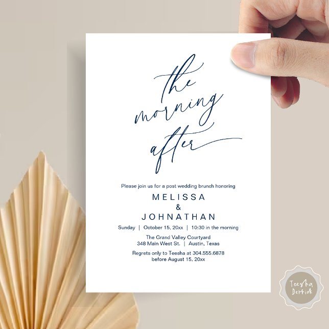 Der Morgen danach, Romantischer postwedding-Brunch Einladung (The Morning After Modern Romantic Post Wedding Elopement Brunch Invitation Card PDF in Navy Blue)
