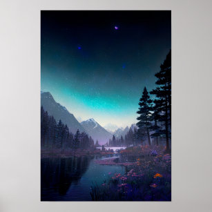 Der Nachtfall: Wälder, Blume und Sterne Poster