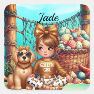 Der Name der personalisierten Girl sitzt mit ihrem Quadratischer Aufkleber