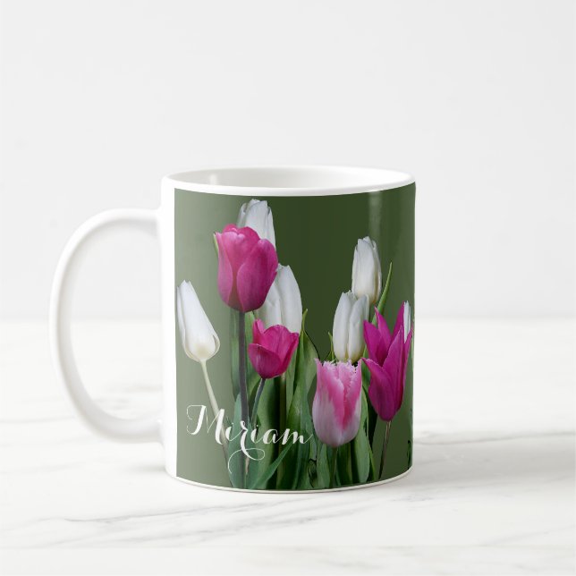 Der Name Miriam hübsche Pink Tulpe Blume Kaffeetasse (Links)