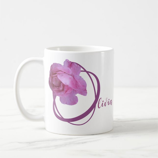 Der Name Olivia ist hübsch rosa Rosa Blüte Kaffeetasse (Links)