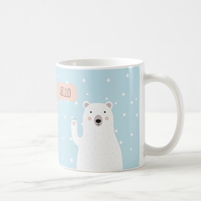 Der niedliche Polarbär im Schnee sagt Hallo + NAME Kaffeetasse (Rechts)