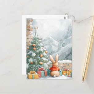 Der Niedliche Weihnachtsbunny sieht auf die Berge Postkarte