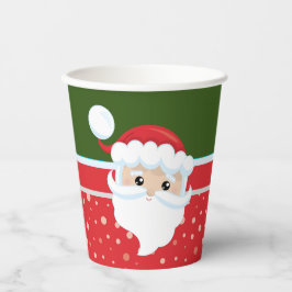 Der niedliche Weihnachtsmann sieht sich den tradit Pappbecher