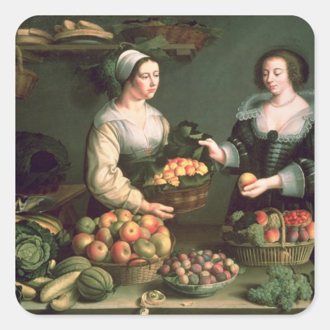 Der Obst- und Gemüsehändler Quadratischer Aufkleber (Vorderseite)