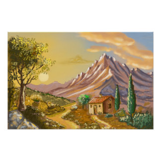 Der Pfad der Hütte in den Bergen. Poster