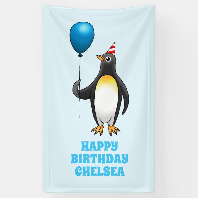 Der Pinguin mit dem blauen Luftballon Banner (Vertikal)