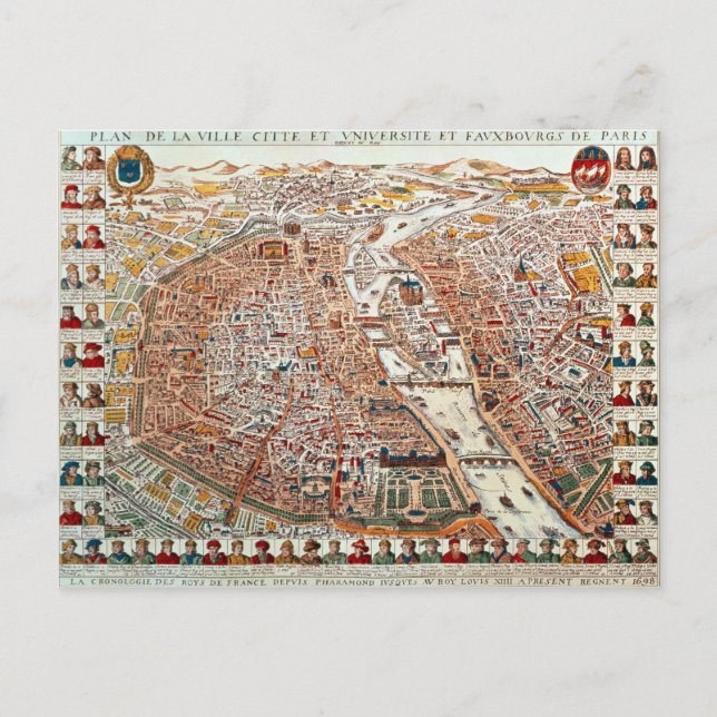 Der Plan von Paris grenzt an eine chronologische Postkarte (Vorderseite)
