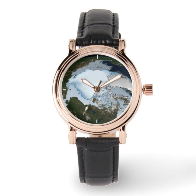 Der Planet Erde zeigt eine Eisdecke im Jahr 1980. Armbanduhr (Vorderseite)