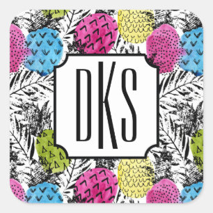 Der Pop-Kunst-Ananas-und Palmblatt- Monogramm Quadratischer Aufkleber