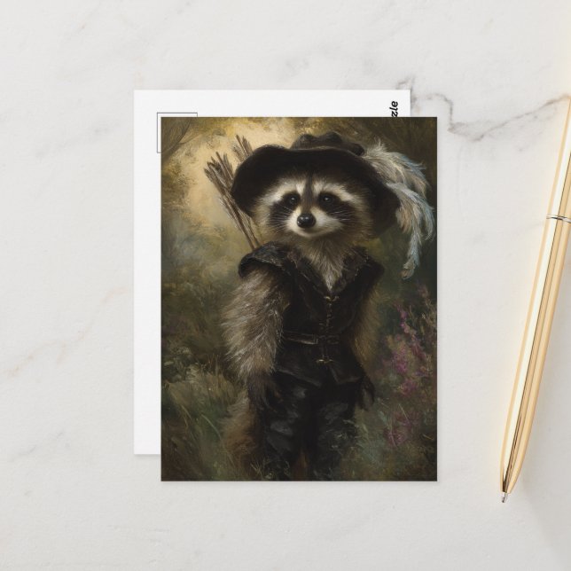 Der Raccoon Bogenschießspezialist in Schwarz gekle Postkarte (Vorderseite/Rückseite Beispiel)
