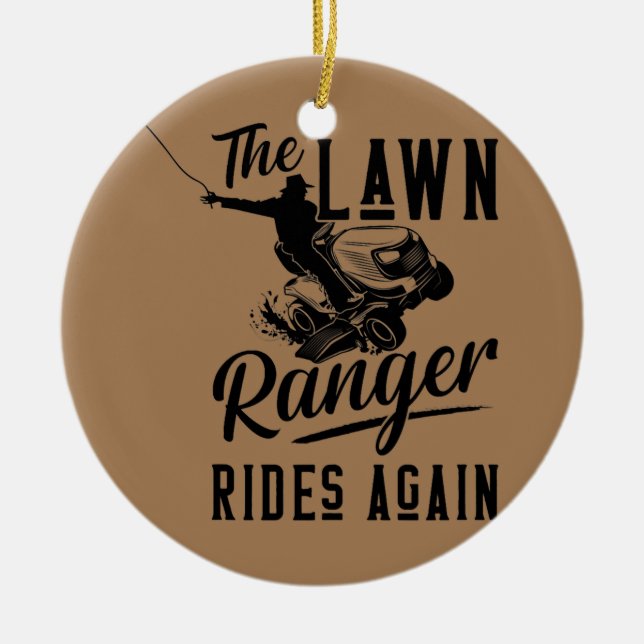 Der Rasenmäher fährt wieder auf dem Rasen. Keramik Ornament (Vorne)