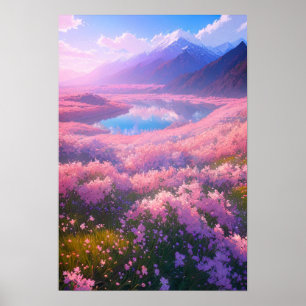 Der reizende See umgeben von rosa Blume Poster