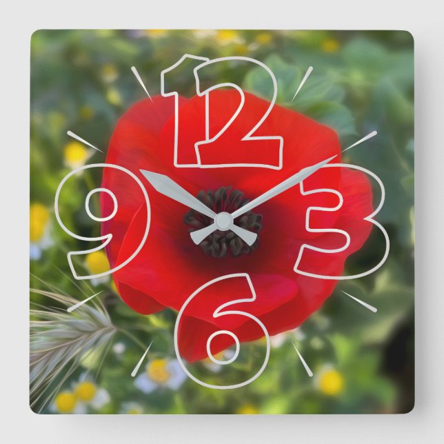 Der rote Mohn Quadratische Wanduhr (Vorderseite)