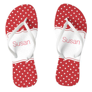 Der rote und weiße personalisierte Polka-Punkt Flip Flops