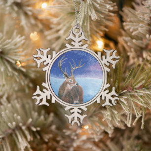 Der Rothirsch Cervus elaphus und Winterlandschaft Schneeflocken Zinn-Ornament