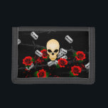 Der Schädel-Rosen-Rasierklinge des jugendlich Trifold Geldbörse<br><div class="desc">Dieses kennzeichnet der Frauen oder die Geldbörse des jugendlich Mädchens einen Schädel,  der durch Rosen,  Rasierklingen,  Stacheldraht und Blut umgeben wird. Es ist widersprüchlich und ist romantisch und gleichzeitig heftig.</div>