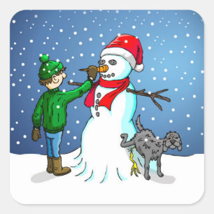 Der Schneemann, Junge und Hund auf einem Sticker