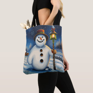 Der Schneemann trägt die Lampe und wandert nachts