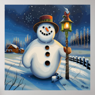 Der Schneemann trägt die Lampe und wandert nachts Poster