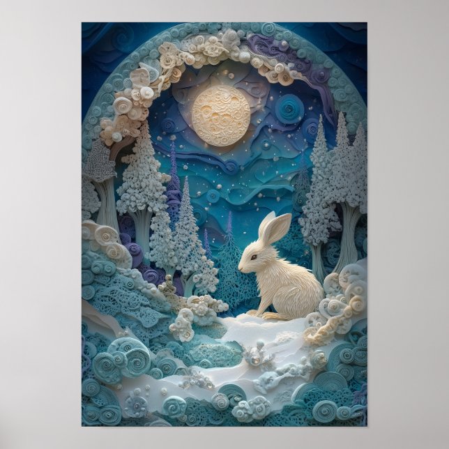 Der Schneeschuhhase | Winterschneeabend im Wald Poster (Vorne)