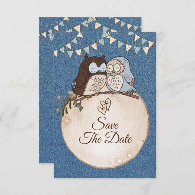Der schöne blaubraune Owl Glitzer Rette das Save The Date (Vorne/Hinten)