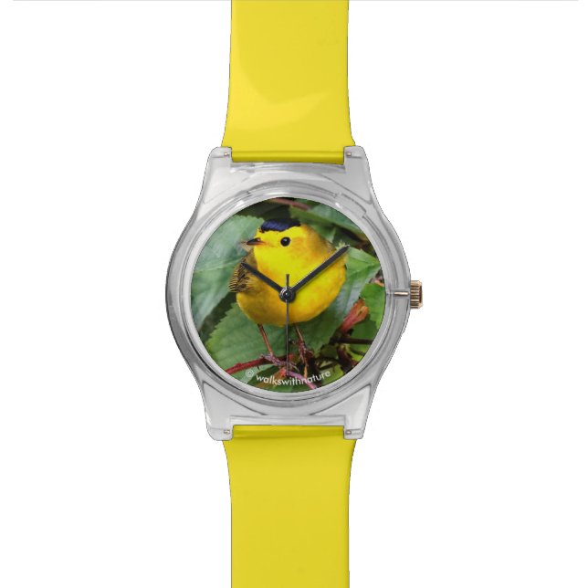 Der schöne Wilson's Warbler im Kirschbaum Armbanduhr (Nahaufnahme)