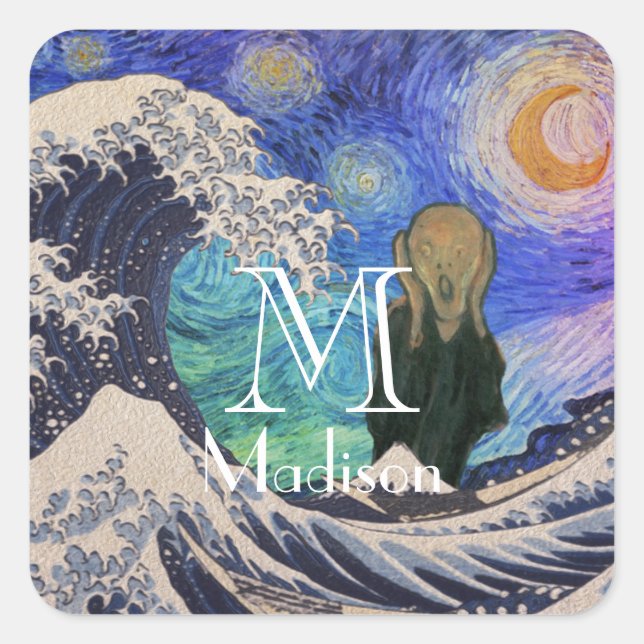 Der Schrei an der großen Welle starrt Nacht Quadratischer Aufkleber (Vorderseite)