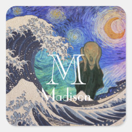 Der Schrei an der großen Welle starrt Nacht Quadratischer Aufkleber