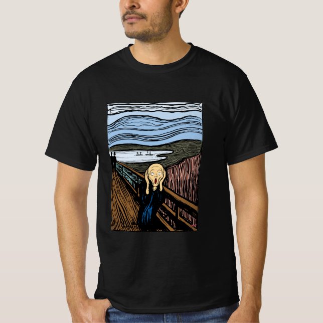 Der Schrei von Edvard Munch in einem modernen Schw T-Shirt (Vorderseite)