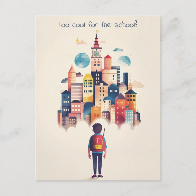Der Schuljunge und die Stadt Postkarte (Vorderseite)
