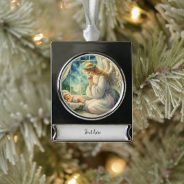 Der Schutzengel betet um die Wiege des Babys Banner-Ornament Silber