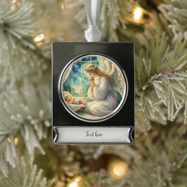 Der Schutzengel betet um die Wiege des Babys Banner-Ornament Silber (Baum)