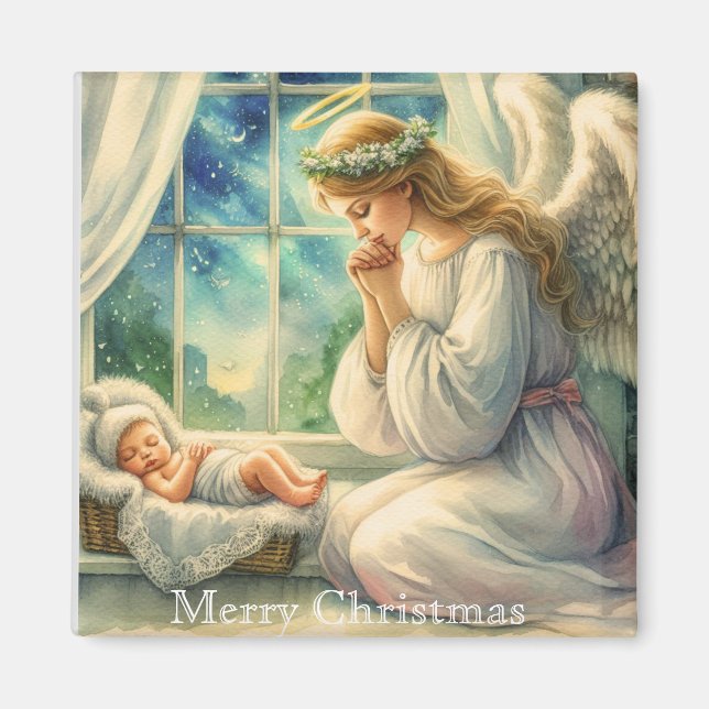 Der Schutzengel betet um die Wiege des Babys Magnet (Vorne)