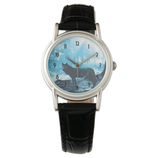 Der Schwarze Wolf allein im Wald Armbanduhr (Vorderseite)