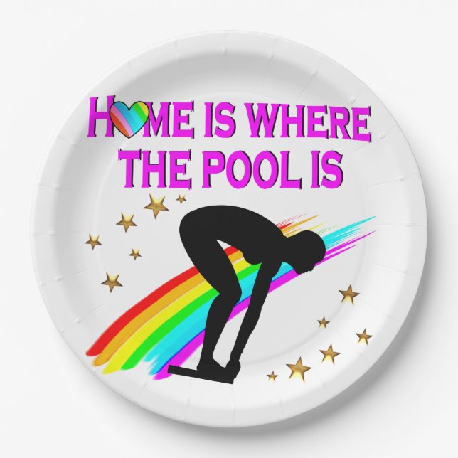 DER SCHWIMMER IST IMMER ZUM POOL BEREIT PAPPTELLER (Vorderseite)