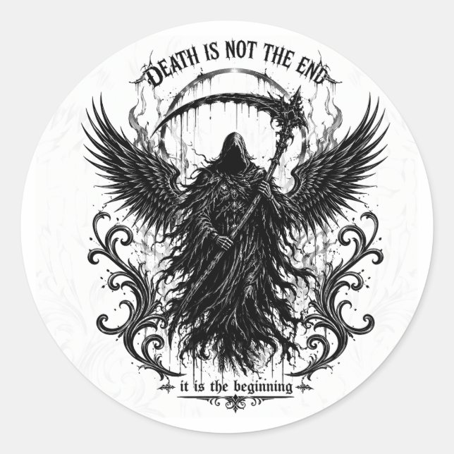 Der Sensenmann Dark Gothic Lettering & Wings Grafi Runder Aufkleber (Vorderseite)