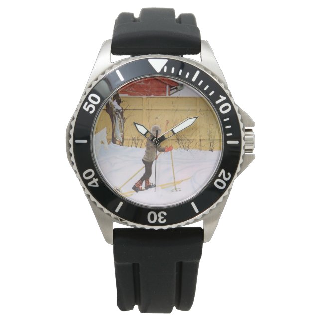Der Skifahrer (Junge mit Ski) (Winterlandschaft) Armbanduhr (Vorderseite)