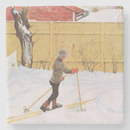 Der Skifahrer (Junge mit Ski) (Winterlandschaft) Steinuntersetzer