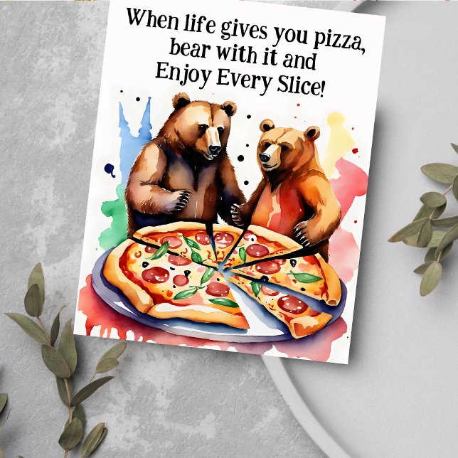 Der Sonnenbrunnen wünscht Bären mit einer riesigen Postkarte (Funny well wishes cheer up postcard two bears having a pizza motivational wishing well greetings)