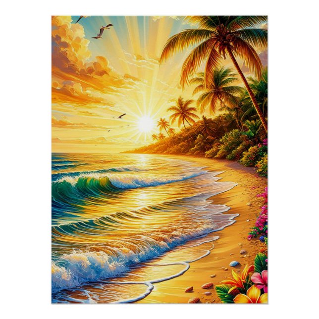 Der Sonnenuntergang am tropischen Strand mit Palme Poster (Vorderseite)