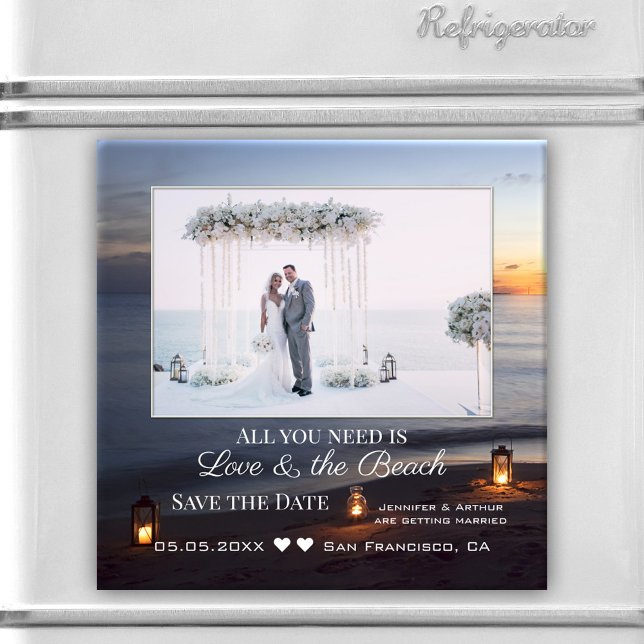 Der Sonnenuntergang im Foto speichert das Datumsfe Magnet (An elegant photo magnet featuring your custom photo in a beach scene at sunset.)