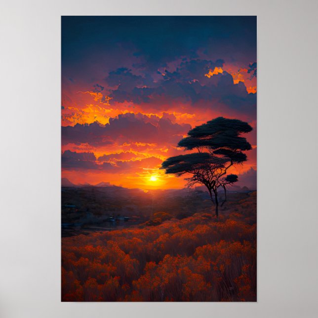 Der Sonnenuntergang in den afrikanischen Ebenen Poster (Vorne)