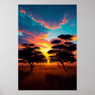 Der Sonnenuntergang in der afrikanischen Savanna Poster