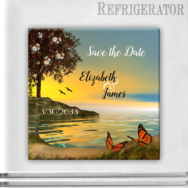 Der Sonnenuntergang mit Schmetterlingen retten das Magnet (Save the Date magnet featuring a coastal landscape with a blossoming tree and butterflies at sunset)